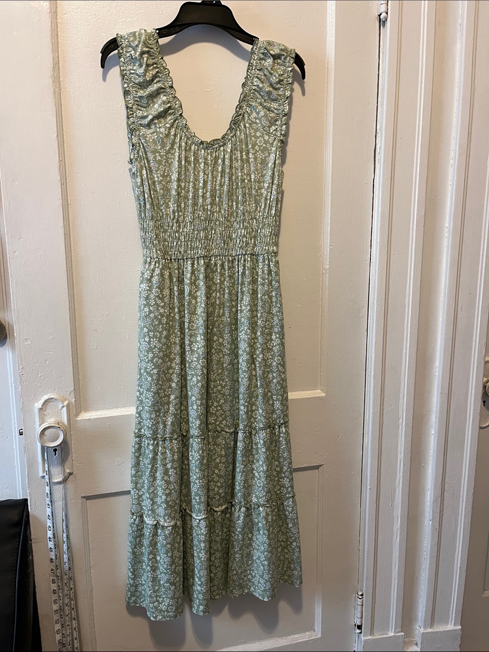 Smocked Sage Green Floral Maxi Dress with Ruffled Straps